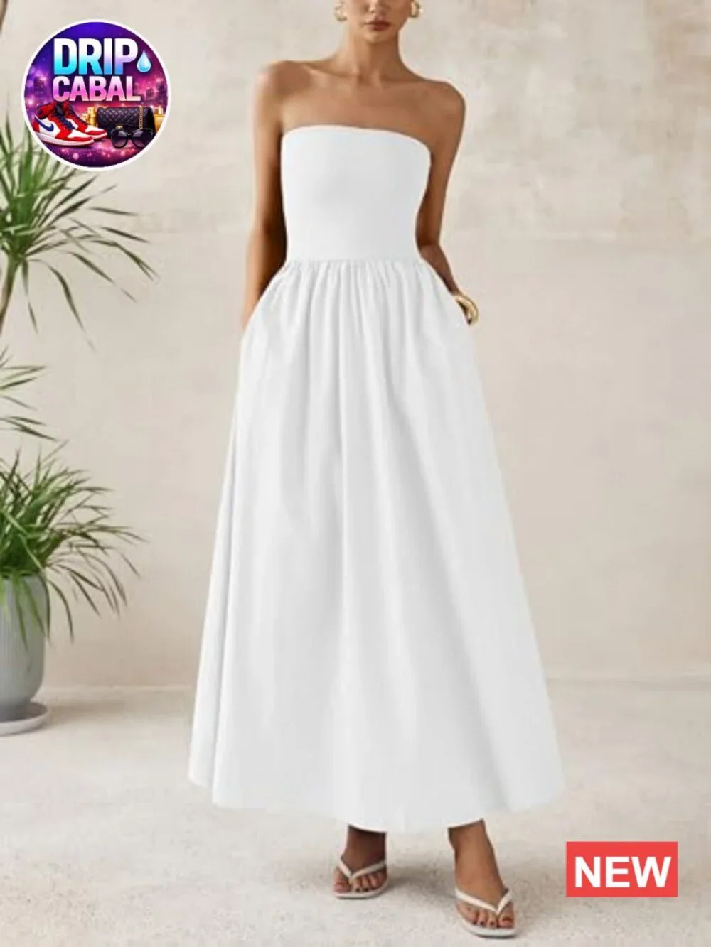 Cotton Blend Strapless Maxi Dress A-Line Backless Formal Party - Picture 2 of 7